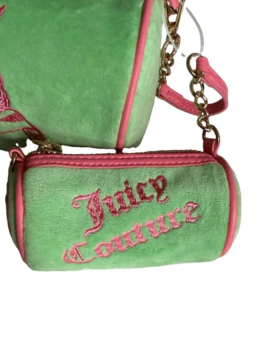 Juicy Couture Retro Green Pink Scottie Dog Barrel Crossbody Bag Charm Set 2pc